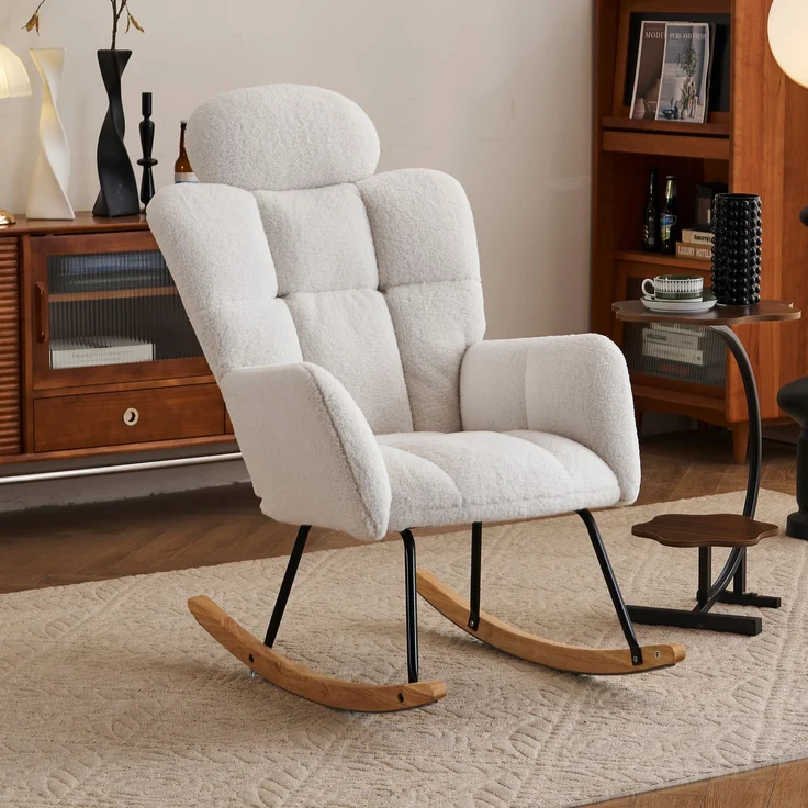 Teddy-Schaukelstuhl mit Kopfstütze, ergonomisch, leise & stabil, Holzrahmen mit Metallbasis, ideal für Wohnzimmer – Bild 2