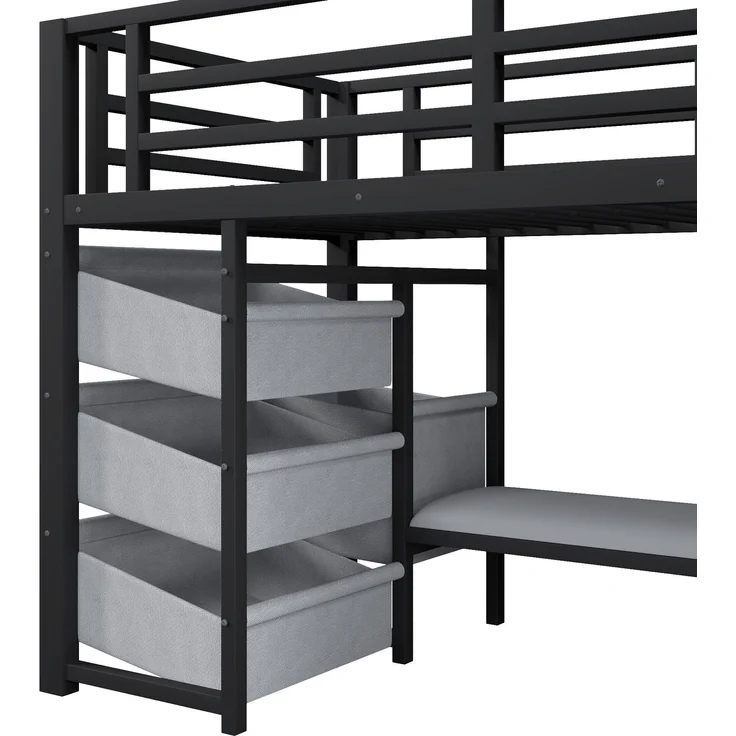EINHOM 90 x 200 cm, Halbhohes Bett, mit Sitzkissen, Stoff-Stauraumschublade, Stoff-Stauraumtasche, Mehrfarbiger LED-Beleuchtung, Kleiderhakenbereich, Metall, Schwarz (Ohne Matratze) – Bild 7
