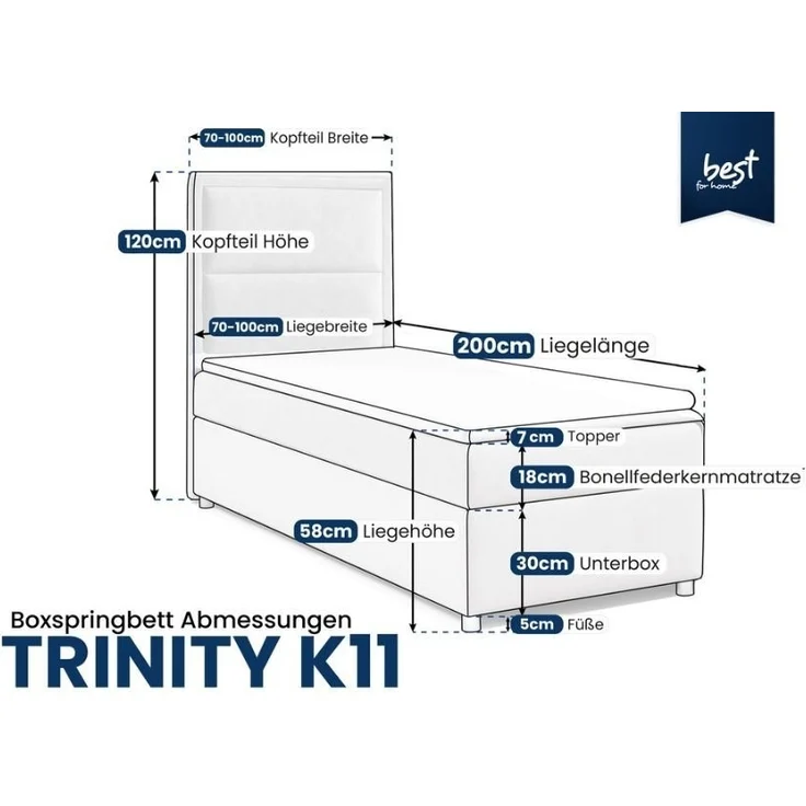 Best for Home Boxspringbett mit Bettkasten Trinity K-11 SINGLE Bonellfederkern inkl. 7 cm Topper (70x200 80x200 90x200 100x200 cm), verschiedene Liefermöglichkeiten, TOP Preis-Leistungs-Verhältnis – Bild 2