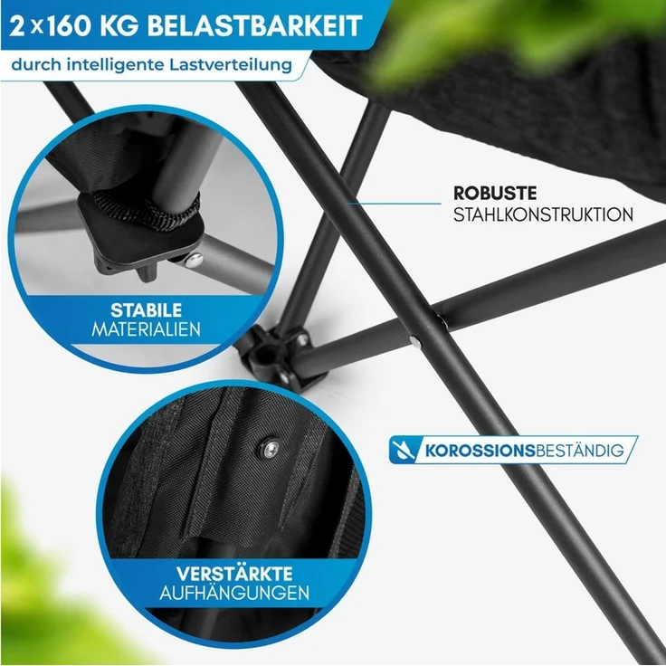 Nordmut Campingstuhl Campingsofa Klappbar 2 Personen 360 kg gepolstert mit Tragetasche (bis 360 kg belastbar mit Stahl Aluminium Rahmen), wetterfest klappbar mit Tragetasche & Seitentaschen – Bild 4