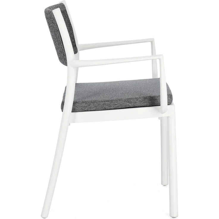 Gartenstuhl Alvin mit Armlehne, Metall und Polyester, modern, weiß dunkelgrau, stapelbar, inkl. Kissen – Bild 3