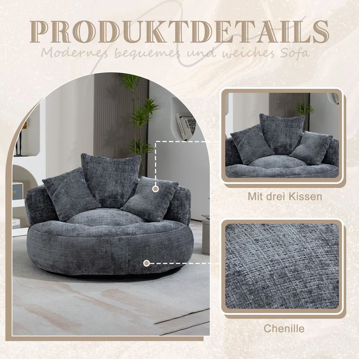 LVHOM XXL Sitzsack Chenille mit 3 Kissen, Lazy Sofa Kuschelig & Atmungsaktiv, Memory Foam Split, 108x108x52cm – Bild 3