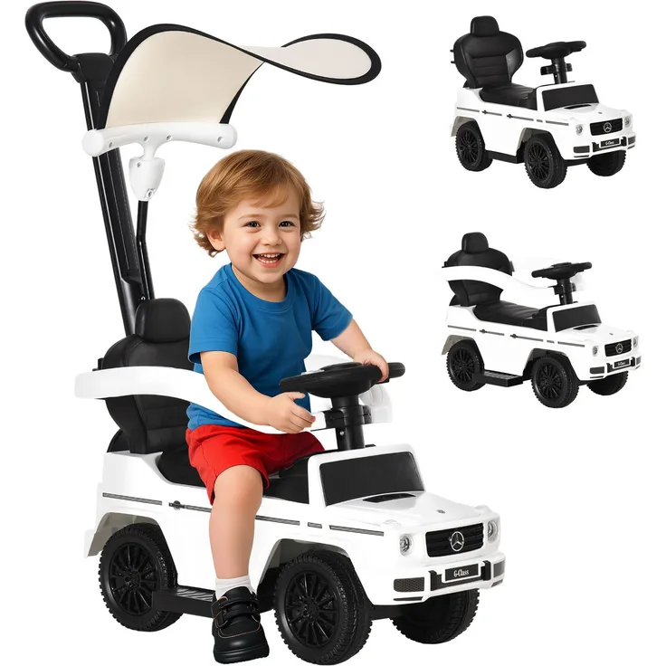 Schiebewagen für Kinder von 12 bis 36 Monaten mit Mercedes-Lizenz, Verdeck und Schiebegriff, 85,5 x 40,5 x 95 cm, Weiß