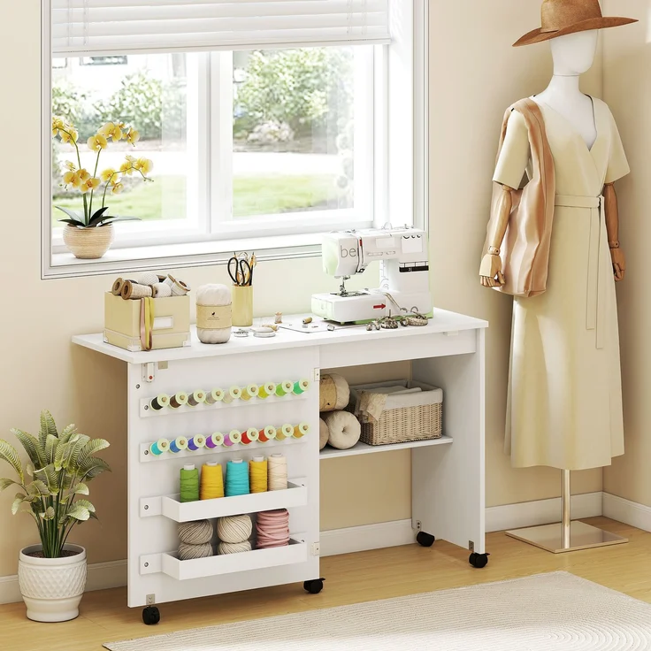 Zusammenklappbarer Nähmaschinenschrank mit 2 Lagerkästen, 116.3×49.5×76.5cm, Weiß, MELAYR – Bild 3