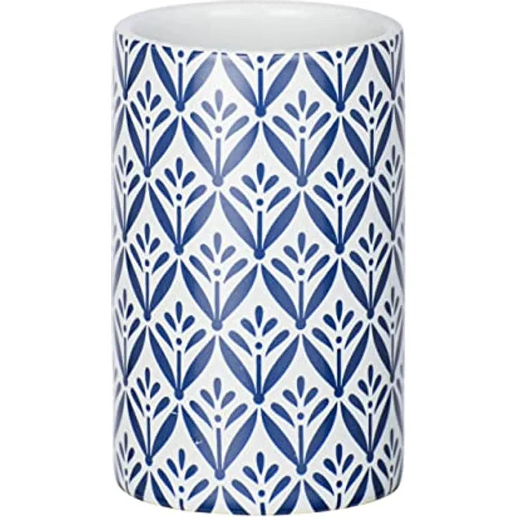 WENKO Zahnputzbecher Lorca Keramik, Zahnbürstenhalter für Zahnbürste und Zahnpasta, blau-weiß, Ø 6,5 x 11 cm