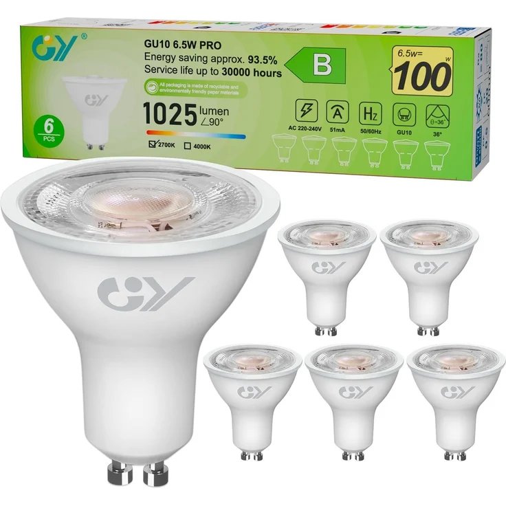 GY GU10 LED Lampe 6,5W (ersetzt 100W), 1025 Lumen Hochhelligkeit, 2700K Warmweiß, Energieklasse B, 36° Abstrahlwinkel Spot Strahler, Flimmerfrei Nicht Dimmbar, Energiesparende Birnen, 6 stück