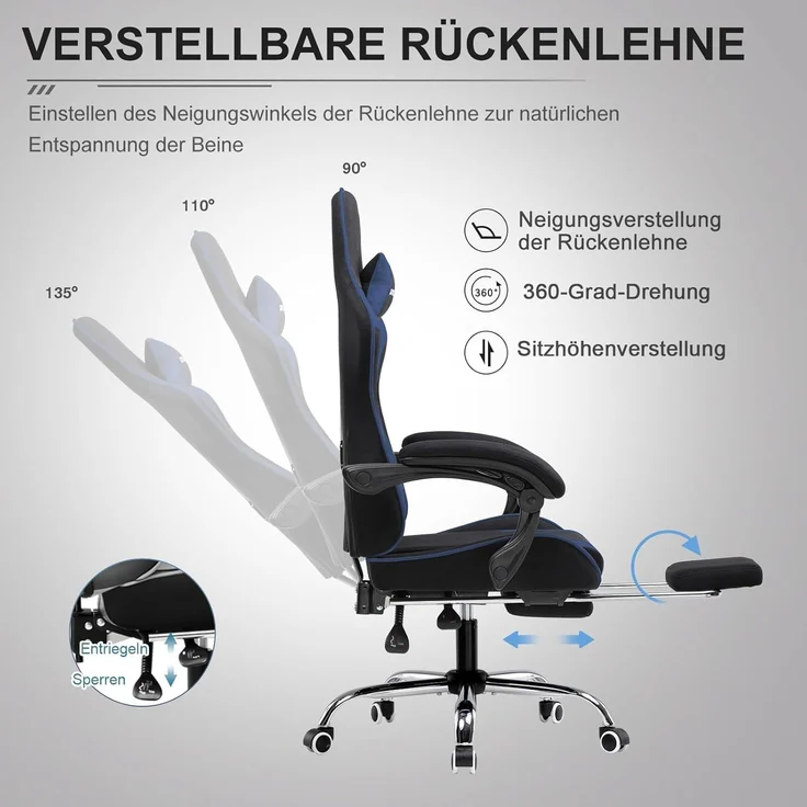 GTPLAYER Gaming Stuhl Stoff, Bürostuhl Massage Gaming Sessel Ergonomischer Gamer Stuhl mit Fußstütze, Kopfstütze Massage-Lendenkissen, Gepolstert Gaming Chair, Drehsessel, blau – Bild 5