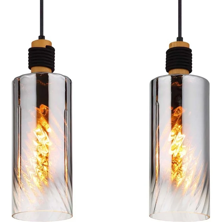 Pendelleuchte, schwarz, Holz braun, Glas rauchfarben, H150cm – Bild 6