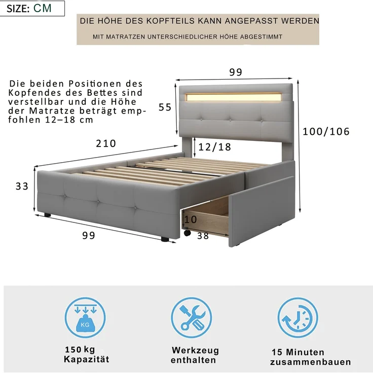 Polsterbett 90x200 cm mit LED-Beleuchtung und Schubladen – klassisches Design, höhenverstellbares Kopfteil – Bild 6