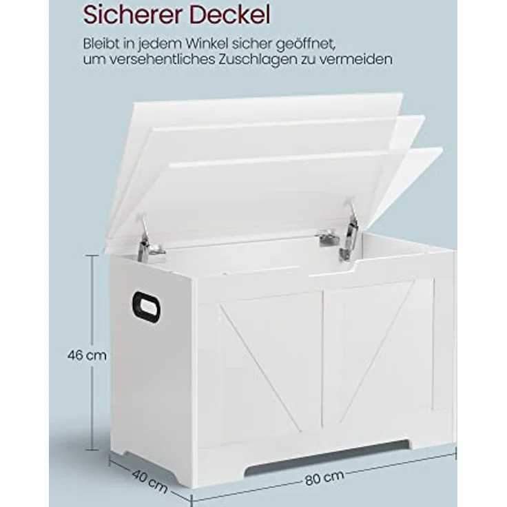 VASAGLE Schuhbank, Sitzbank mit Stauraum, Sitztruhe, 2 Sicherheitsscharniere, Aufbewahrungsschrank, Landhausstil, 40 x 80 x 46 cm, für Flur, Schlafzimmer, Wohnzimmer, wolkenweiß LSB062T14 – Bild 4