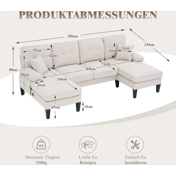U-förmiges 4-Sitzer-Stoffsofa 250 cm mit 2 Chaiselongues, USB-C, Seitentaschen und Kissen, gepolsterte Wohnlandschaft, Beige – Bild 3