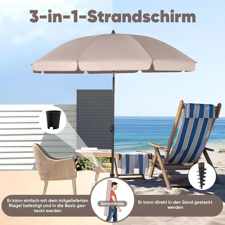 Sekey® 180 cm Sonnenschirm Balkon mit Bodenhülse & Schutzhülle, Neigungs- und Höhenverstellung, Sonnenschirm Strand für Balkon, Garten & Terrasse, Runder Sonnenschutz UPF 50+ – Bild 2