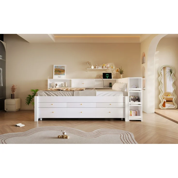 U-life Holzbett 140x200 cm, für Jugendliche, Stauraum, 1. Robuste Holzkonstruktion, 2.3 integrierte Stauraumschubladen, 3. Ausziehbares Gästebett, MDF, Weiß – Bild 8