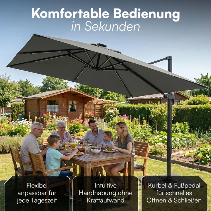 STEELSØN 'Lyrion' Sonnenschirm LED Solar 300x300 cm quadratisch, neigbar und 360-Grad drehbar, anthrazit, Ampelschirm inkl. Abdeckung, UV50+ – Bild 5