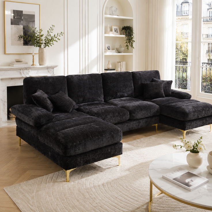 (Old SKU:W1880S00025)Modernes großes Chenille U-Shape Sektionssofa mit doppelten Liegesitzen für Wohnzimmer Schlafzimmer Büro Wohnung Villa Wohnzimmer Zuhause am Kamin--Schwarz--272x136x88cm--YOUDENOVA