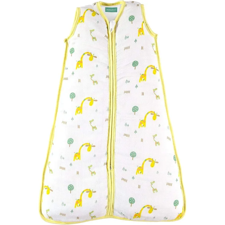 molis&co. Baby-schlafsack. 0. 5 TOG. Größe 95 cm (18-36 Monate). Ideal für den Sommer. Superweich und leicht. Unisex-safari-giraffendruck in gelb- und grüntönen. Premium-Musselin.