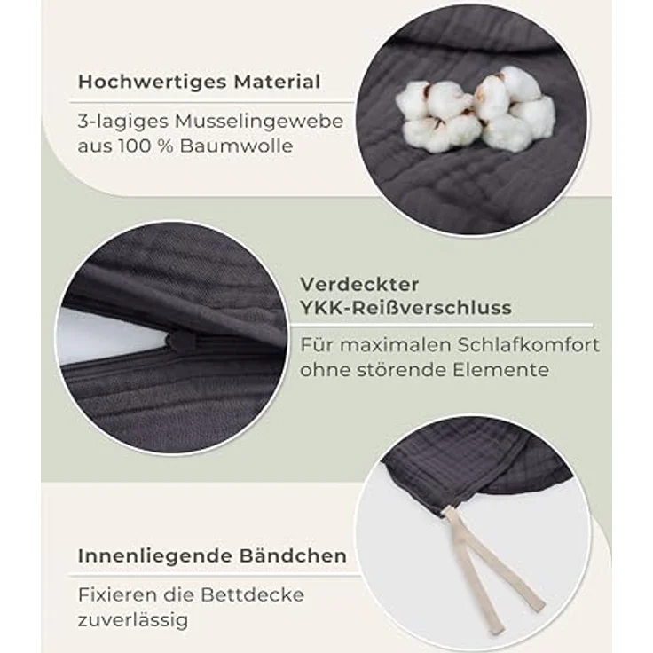 Laynenburg Bettwäsche Musselin aus 100% Baumwolle in 135x200 oder 155x220 cm, atmungsaktiv & bügelfrei – 3 lagig mit Reißverschluss & Haltebändern – Bild 6