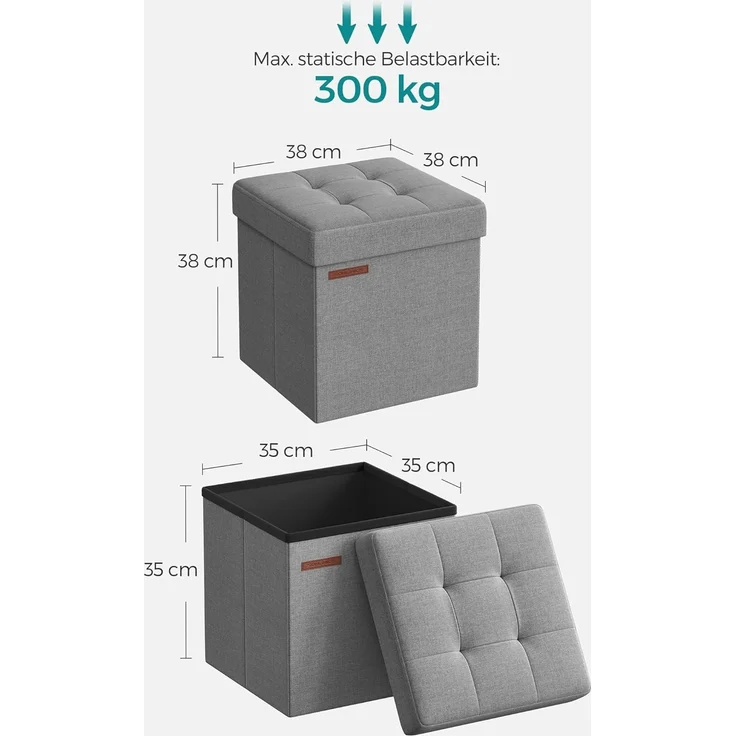 SONGMICS 38 cm Sitzbank mit Stauraum, klappbare Sitztruhe, Aufbewahrungsbox, Fußbank, Aschgrau LSF027G12 – Bild 2