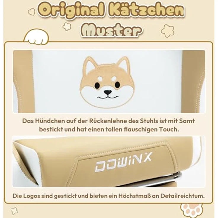 Dowinx Gaming Stuhl - Süße Hund Edition - Ergonomischer Computerstuhl mit Hoher Rückenlehne und Lendenwirbelstütze, PU-Leder, Fußstütze, Hund – Bild 6