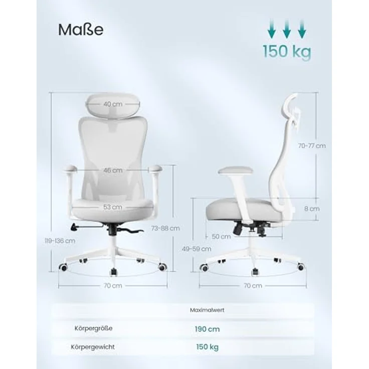 SONGMICS Bürostuhl ergonomisch, Schreibtischstuhl, Computerstuhl, verstellbare Lenden- und Kopfstütze, bis 150 kg belastbar, höhenverstellbar, Taubengrau OBN066GD01 – Bild 4