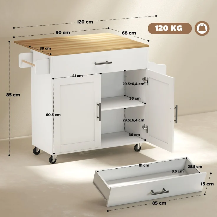 Wohnora-Kücheninsel, Küchenwagen auf Rollen, mit abklappbarer Arbeitsplatte, Schublade, Ablage, 120 x 68 x 85 cm, Weiß,H 850cm x T 1200cm x B 680cm – Bild 4