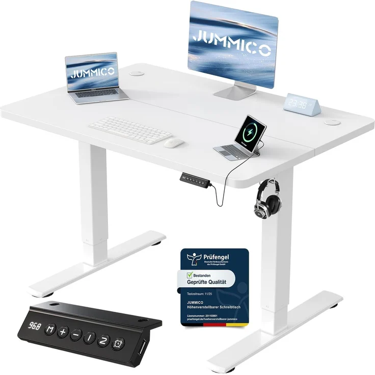 JUMMICO Höhenverstellbarer Schreibtisch mit USB-Ladeanschluss 100x60 cm, Schreibtisch Höhenverstellbar Elektrisch, Steh-Sitz Tisch Stehpult Verstellbarer Computertisch,Standing Desk,Weiß – Bild 1