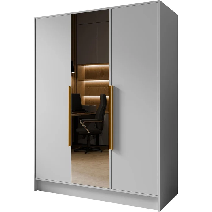 MEBLINI Kleiderschrank LUSINDA 150cm - Weiß Matt - mit goldfarbenen Griffen - Drehtürenschrank mit einem Spiegel - Kleiderstangen und Regalböden – Bild 1