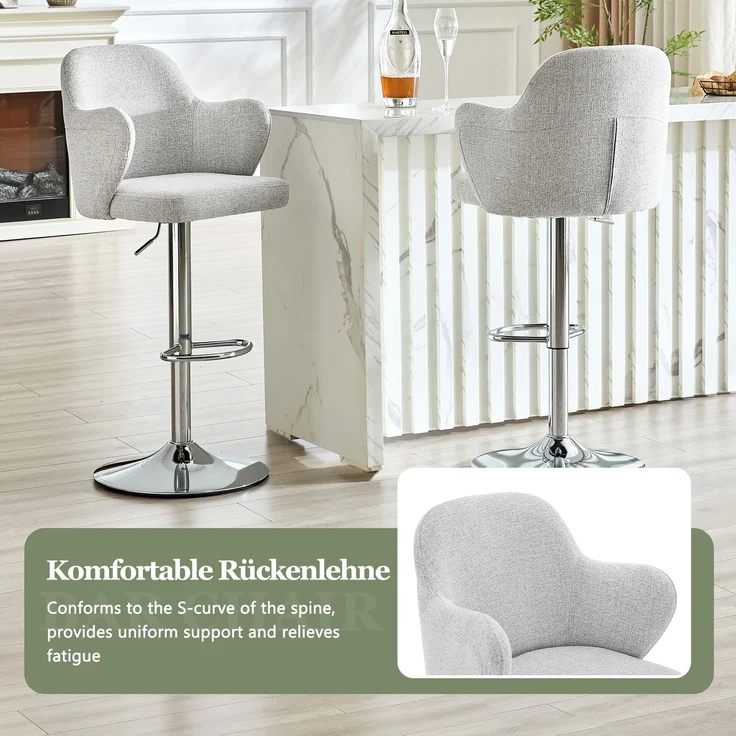 Verstellbares Barhocker-Set (2er-Set), moderne gepolsterte Barhocker mit Armlehnen, um 360° drehbar, höhenverstellbar, geeignet für die Bar zu Hause und für Restaurants--Hellgrau2--45x37.6x118cm--YOUDENOVA – Bild 4
