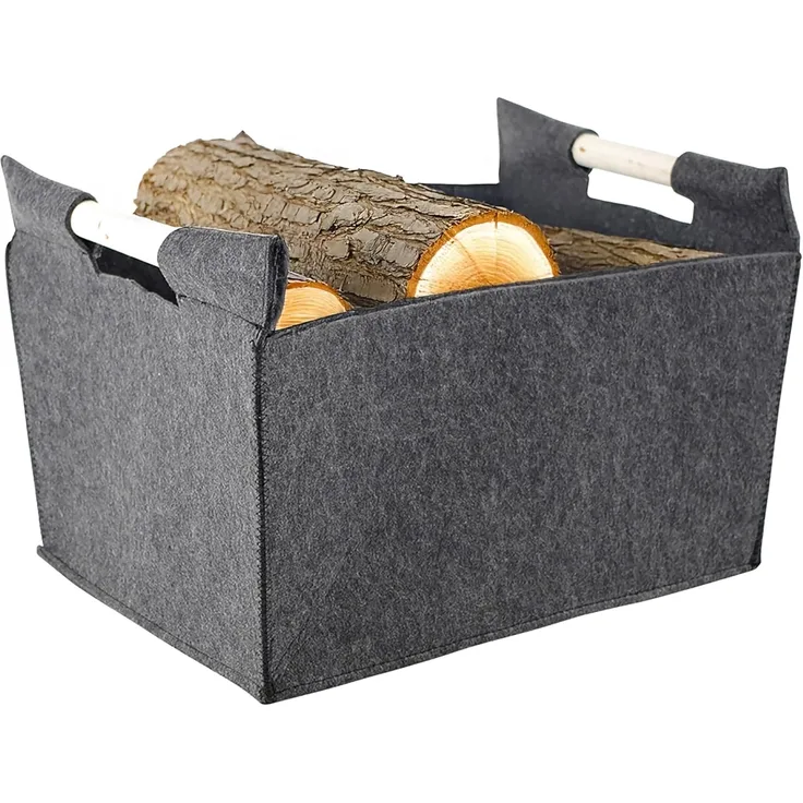 Kobolo Kaminholzkorb Allzweckkorb Holzgriffe Filz dunkelgrau 50x38x34cm (ohne Deckel)