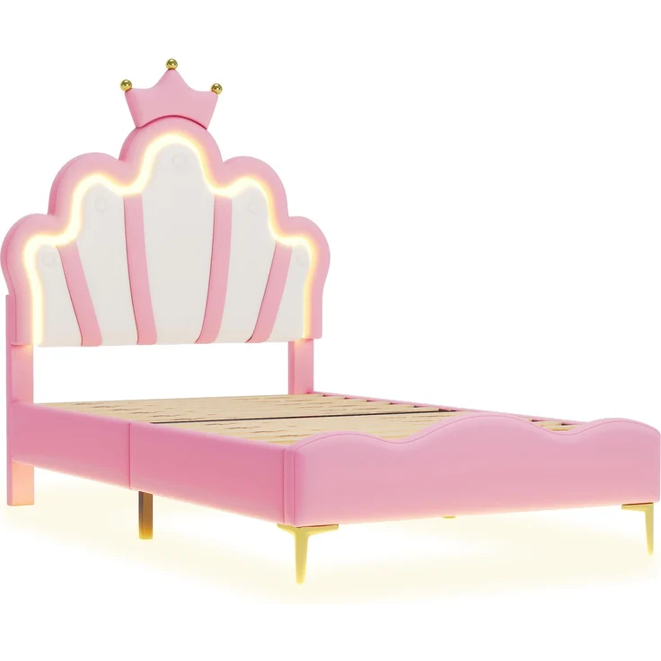 U-life Prinzessinnenbett 90x200 cm Einzelbett Kinderbett Jugendbett mit Kronen-Kopfteil, LED-Lichtleiste und PU-Bezug, Rosa – Bild 9