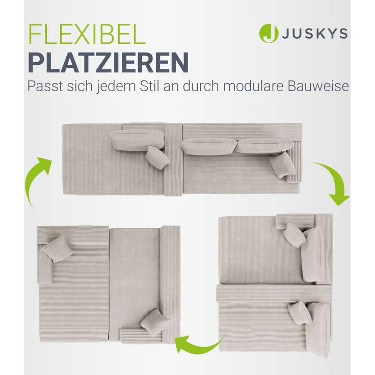 Juskys Sofa Coredo - modernes Cord Sofa mit Ottomane links, gemütliche Couch mit Schaumstoffpolsterung, Cordbezug & Kissen, modular - Beige – Bild 3