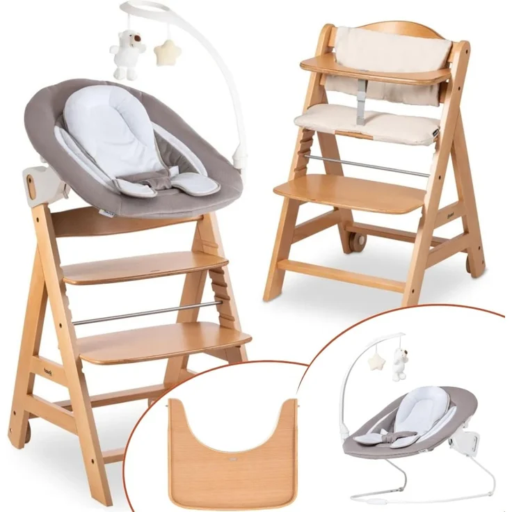 hauck Beta+ Hochstuhl Newborn Set mit Deluxe Bouncer - Natural | Mitwachsender Holz Kinderhochstuhl mit Rollen ab Geburt bis 90 kg | inkl. Neugeborenenaufsatz, Essbrett & Sitzkissen