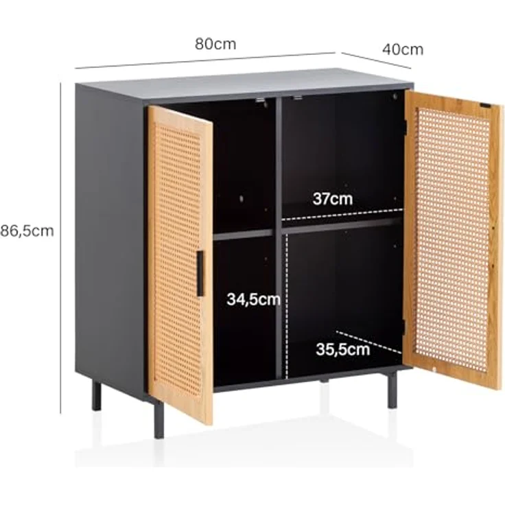 Sideboard 80x86,5x40 cm Kommode Schwarz mit Wiener Geflecht, Hoher Kommodensc... – Bild 4
