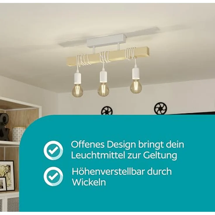 Eglo 33166 Hängeleuchte TOWNSHEND Stahl weiß, Holz braun E27 3X40W L:55cm B:10,5cm H:26,5cm dimmbar – Bild 3