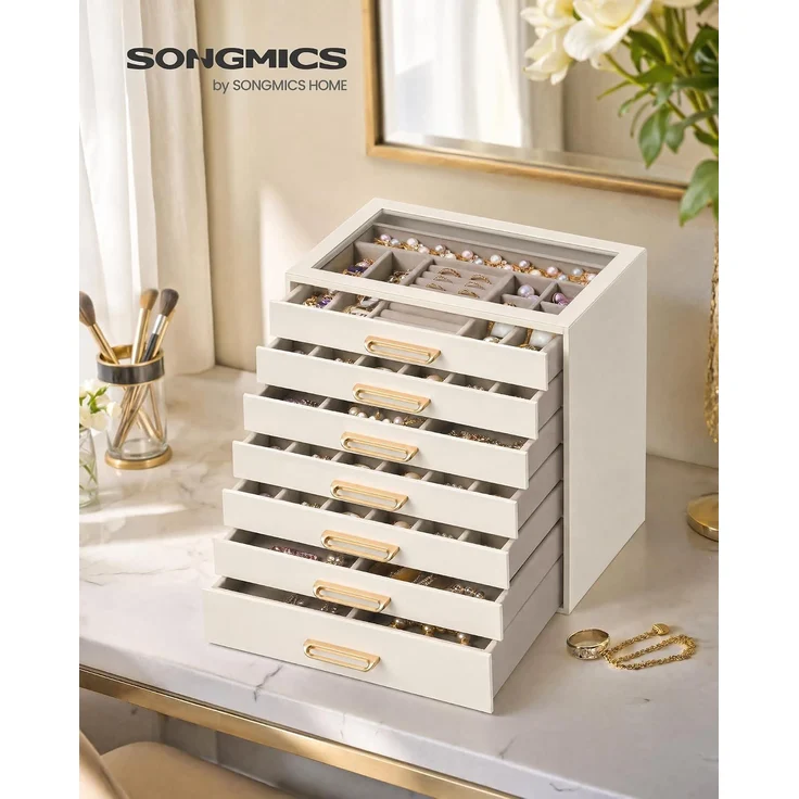 SONGMICS Schmuckkästchen mit 7 Ebenen und Glasdeckel, Schmuck-Organizer mit Schubladen, 24 x 17,2 x 24 cm, Weiß – Bild 2