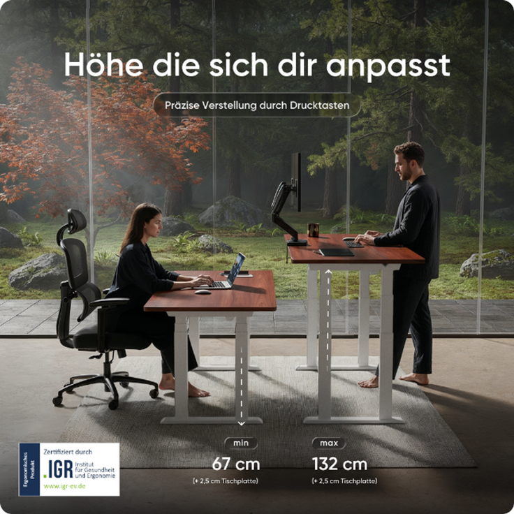 DESKSPACE Höhenverstellbarer Schreibtisch elektrisch mit leisem Dual-Motor – stabiles 4-Bein-Gestell (Weiß Gestell, Mahagoni Tischplatte, 140×70 cm) – Bild 5