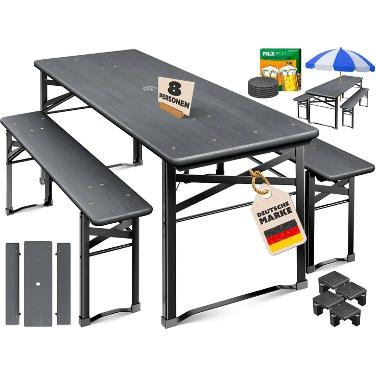 KESSER® Bierzeltgarnitur 3 teilig Gartenmöbel-Set | Klappbar 170 x 46 x 75 cm | 2X Bierbänke 1x Biertisch | Festzeltgarnitur Biertisch Stehtisch Sitzgarnitur Holz 12x Bodenschoner