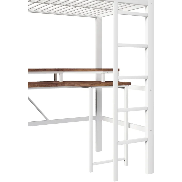 EINHOM Hochbett, 90 x 200 cm, Eisenrahmen, mit Farbwechselnder LED-Lichtleiste, mit Schreibtisch, 1 USB-Anschluss + 1 Typ-C-Anschluss und 2 Steckdosen, mit Lochwand, Weiß (Ohne Matratze) – Bild 7