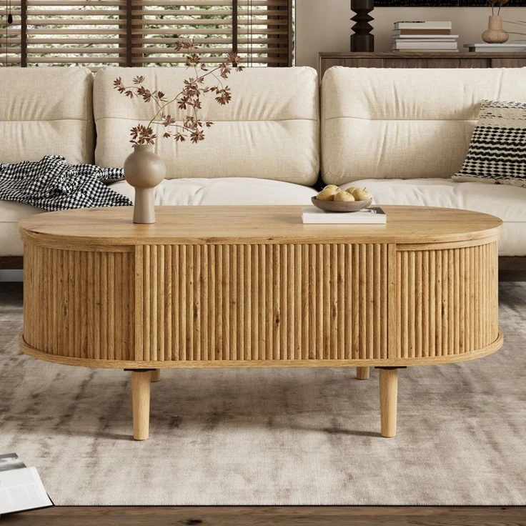 HAUSS SPOLE Couchtisch Couchtisch mit höhenverstellbar Beistelltisch Sofatisch Wellenoptik (Ovaler Wohnzimmertisch mit höhenverstellbarer Tischplatte), Moderner Kaffeetisch Holzoptik mit MDF Korpus Konstruktion – Bild 2