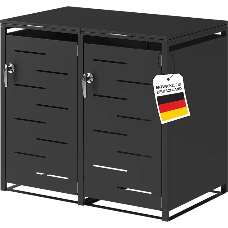 STEELSØN 'Diorus' Mülltonnenbox 2er je 120 Liter, graphitschwarz, Mülltonnenverkleidung aus Stahl mit Sichtstreifen, wetterfest, 102x62x117 cm, abschließbare Müllbox für 2 Tonnen – Bild 1