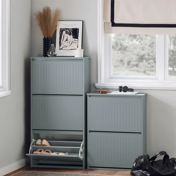 SoBuy Schuhschrank, Grau, 3-klappige Schuhaufbewahrung aus MDF, 61x120x26 cm, belastbar bis 26 kg – Bild 2