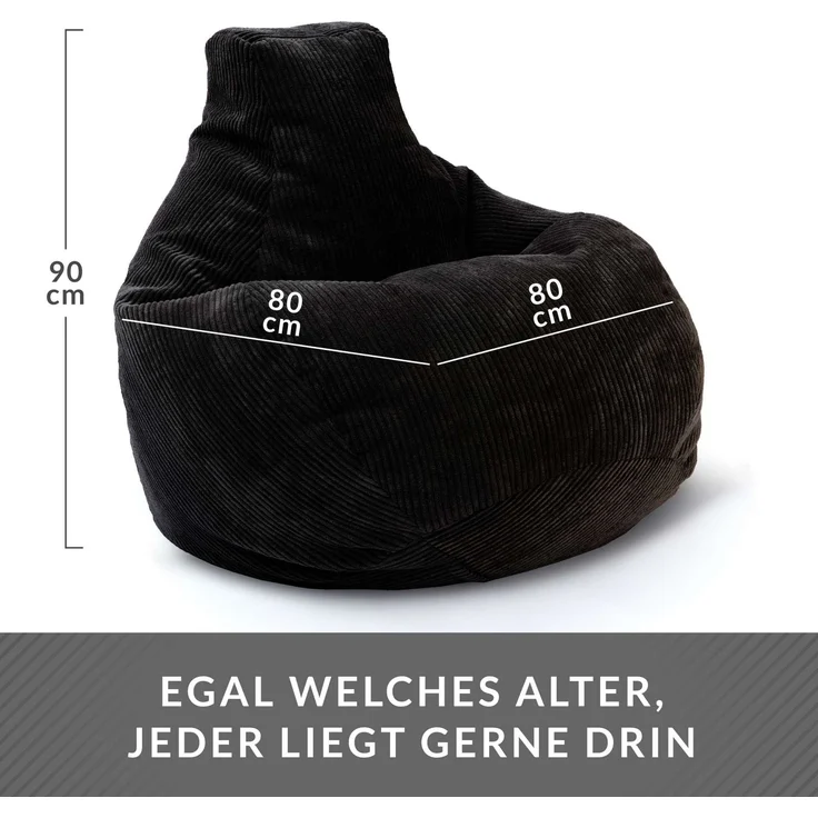 Green Bean® Sitzsack mit Rückenlehne 80x80x90cm - Gaming Chair mit 230L Füllung Cordstoff - Bean Bag Bodenkissen Lounge Sitzhocker Relax-Sessel Gamer Gamingstuhl Schwarz – Bild 4