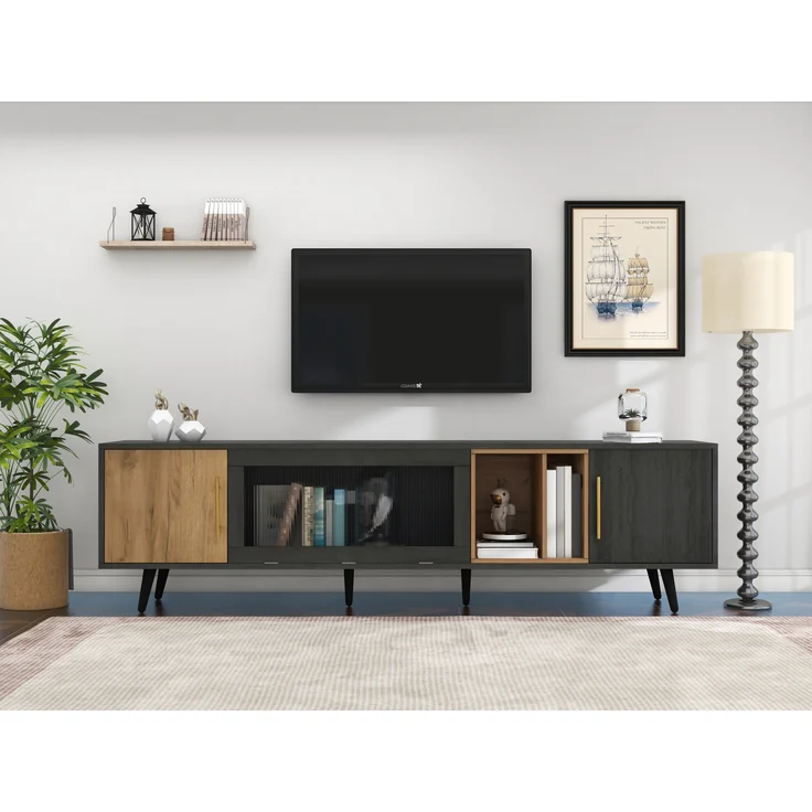 TV-Schrank Lowboard aus MDF mit Klappglasfront & Kabelmanagement, für bis zu 90 Zoll, 200x40x55,5 cm, Grau – Bild 3