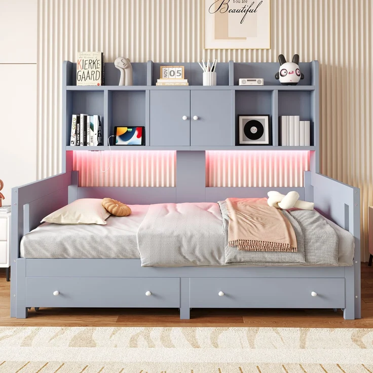 EINHOM Multifunktionales Ausziehbares Schlafsofa aus Holz mit Schubladen, Ablageflächen, Schränken und Offenen Fächern, Ausgestattet mit Steckdosen und LED-Beleuchtung, Gästebett, Grau (Ohne Matratze) – Bild 3