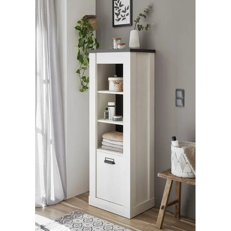 Home affaire Wäscheschrank SHERWOOD Hochkommode Kommode Schrank in modernem Holz Dekor, mit Apothekergriffen aus Metall, Höhe 146 cm