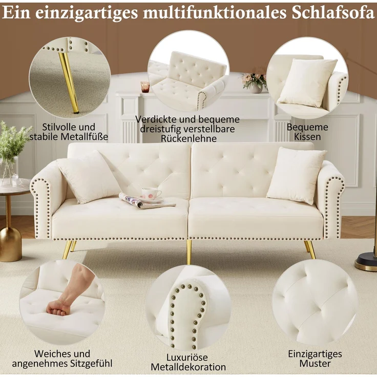 ZUBALIYA Schlafsofa 34x34 cm, mit LED - Beleuchtung, mit Stauraum, mit Samtbezug, mit breiten Armlehnen, mit Schaumstoffpolsterung, Gold – Bild 3