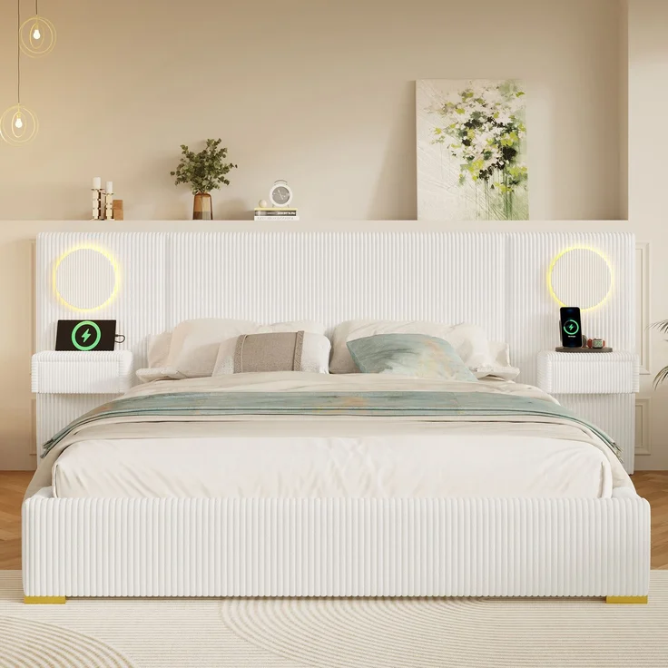 U-life Samtstoff Polsterbett 180x200 cm, fürs Schlafzimmer, USB-Anschlüssen, Samt, Beige – Bild 3