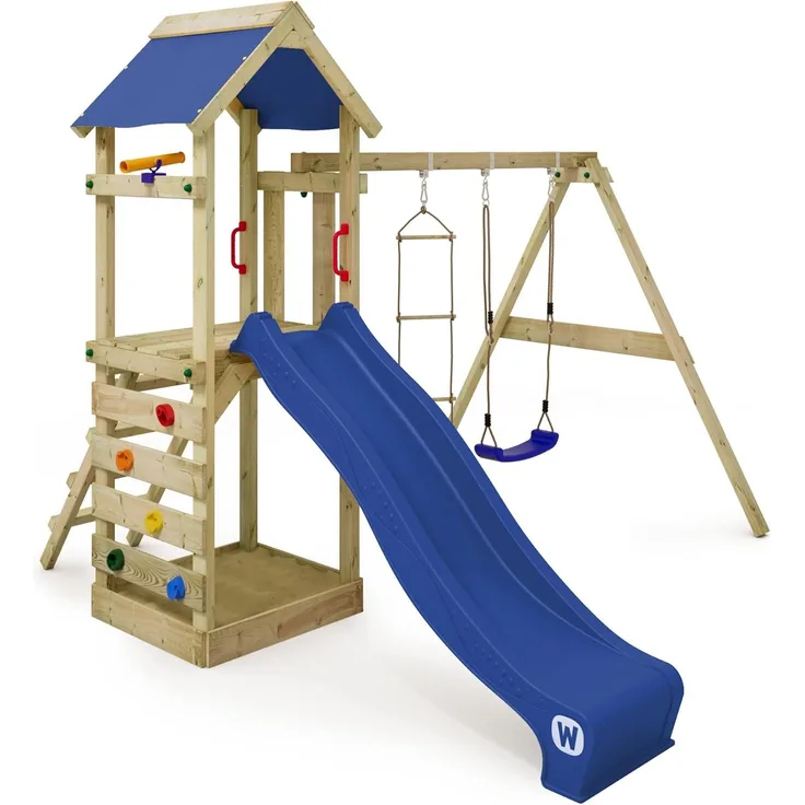 WICKEY Spielturm Klettergerüst FreeFlyer mit Schaukel & blauer Rutsche, Kletterturm mit Sandkasten, Leiter & Spiel-Zubehör