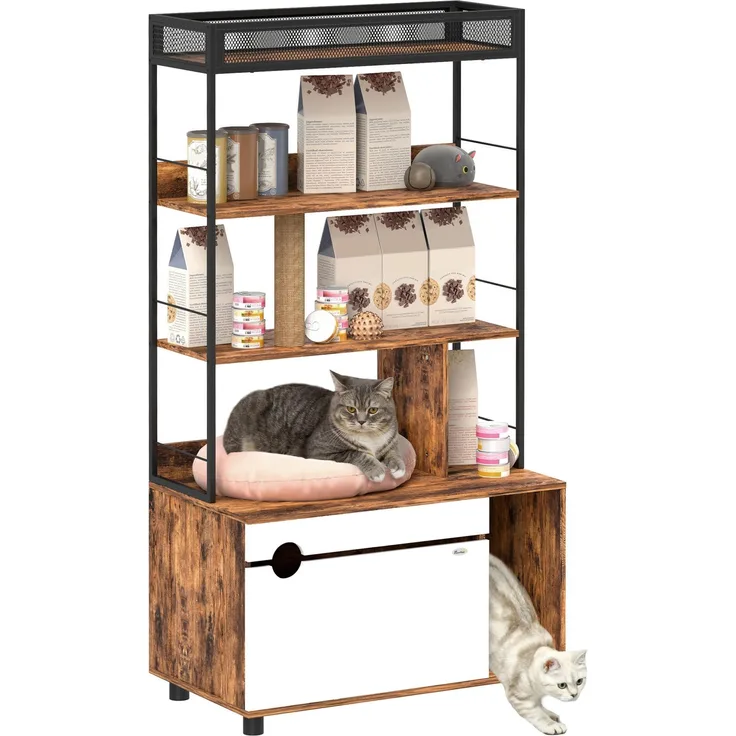 Katzentoilette mit 3-Ebenen-Regal und Kratzpfosten, Geschlossenes Katzenklo, 80 x 48 x 152 cm, Braun--Rustikal-Braun--152x48x80cm--YOUDENOVA