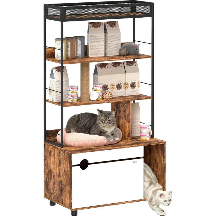 Katzentoilette mit 3-Ebenen-Regal und Kratzpfosten, Geschlossenes Katzenklo, 80 x 48 x 152 cm, Braun--Rustikal-Braun--152x48x80cm--YOUDENOVA – Bild 1